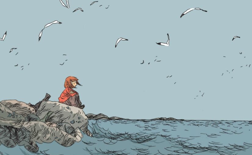 C'est une case tirée de la BD de Manu Larcenet " Le Combat ordinaire". On voit un personnage féminin assis sur un rocher au bord de la mer bleu gris. Le ciel est dégagé mais plein de mouettes.