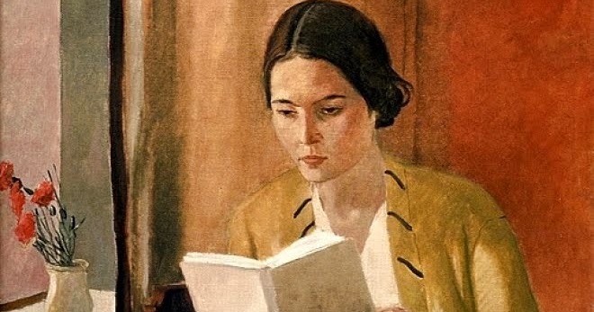 une peinture d'alexandre Deineka, qui représente une femme en train de lire près d'une fenêtre, le jour.