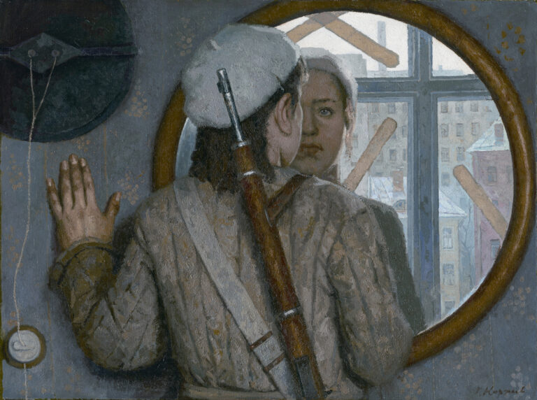 Le tableau "Avant un long voyage" du peinte Geli Khorzev Une jeune femme se regarde dans le miroir. Elle porte un fusil sur l'épaule.