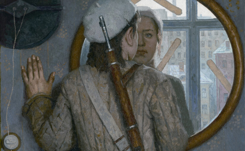 Le tableau "Avant un long voyage" du peinte Geli Khorzev Une jeune femme se regarde dans le miroir. Elle porte un fusil sur l'épaule.