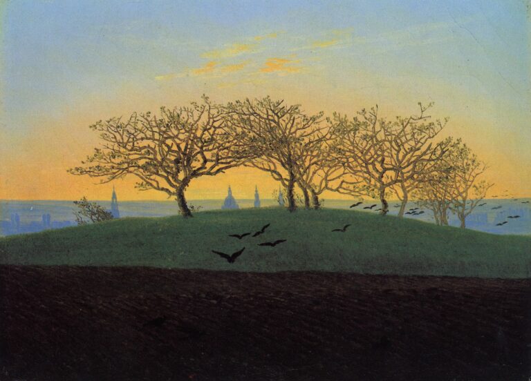 Colline avec champ labouré près de Dresde, 1825 Un champ labouré dans l'ombre au premier plan, dont s'envole des oiseaux. Au second plan, sur la colline, des arbres nus. Au fond, près de l'horizon, la silhouette d'une ville devant un soleil couchant.
