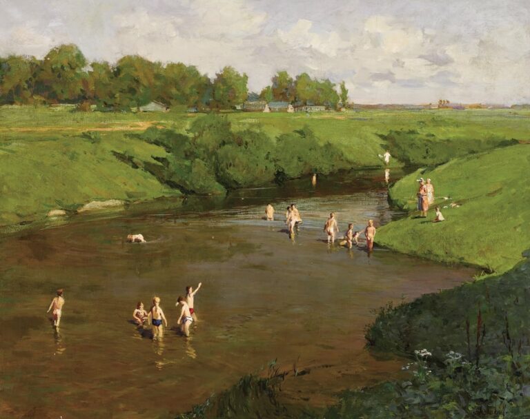 Peinture "Eté" de Alexander Afanasjev, 1954 Point de vue sur une rivière, des enfants se baignant dedans sous le regard de leurs parents au loin